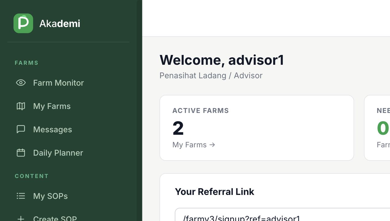Peladang advisor dashboard showing active farms, recent activity, and referral overview